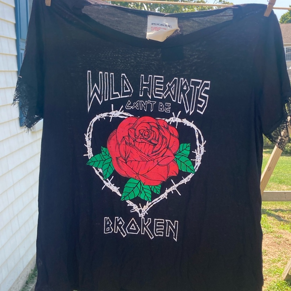 Black Graphic Tee with Red Rose Design
